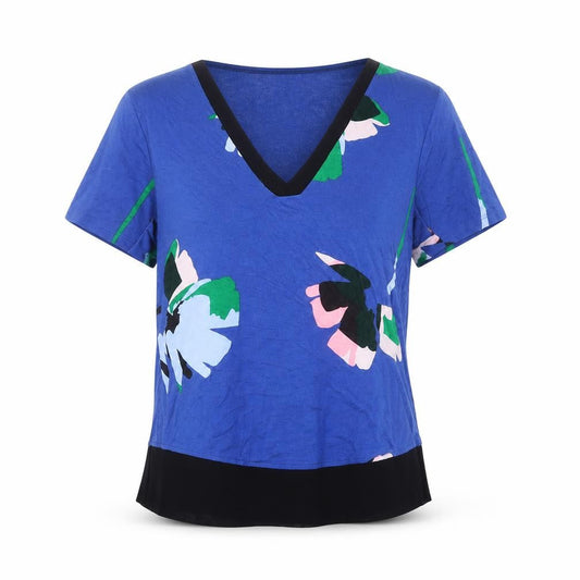Marks and Spencer Womens Blue Geometric Polyester Basic T-Shirt Size 10 V-Neck