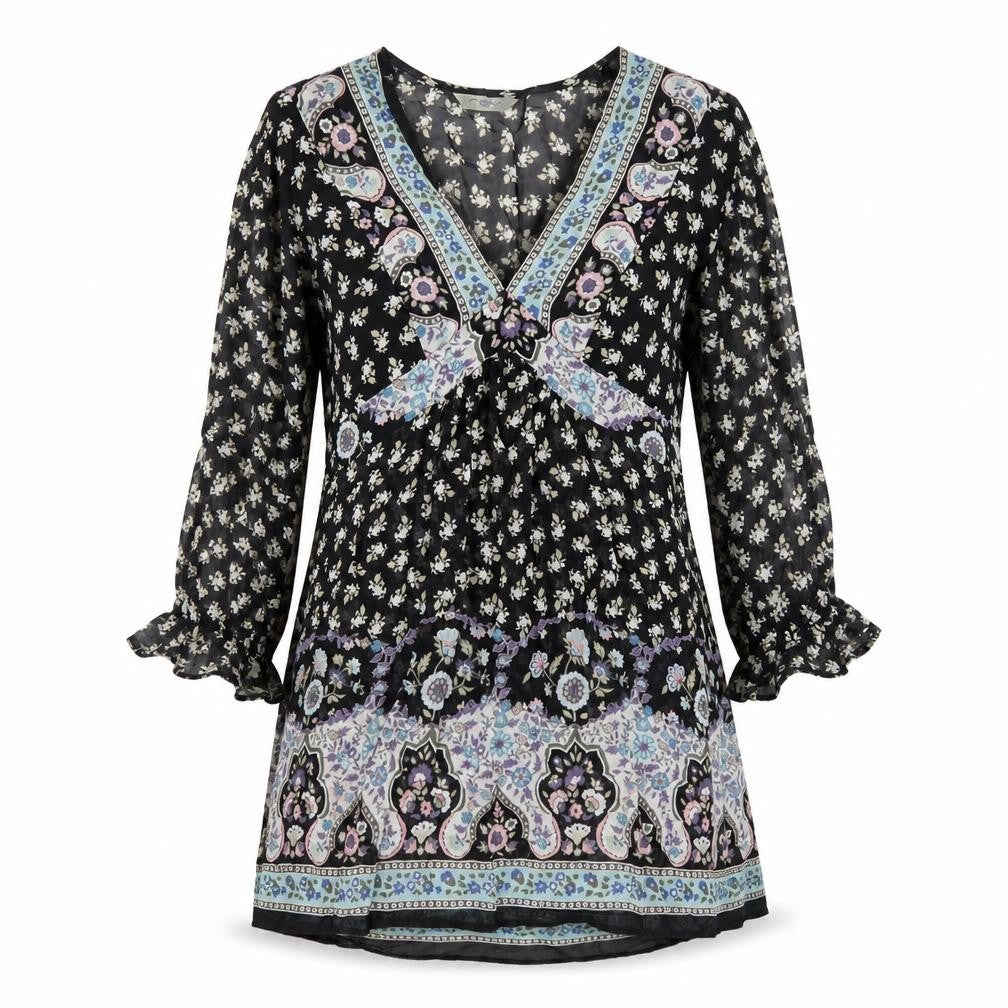 New Look Women's Black Floral Tunic Blouse, Size 10