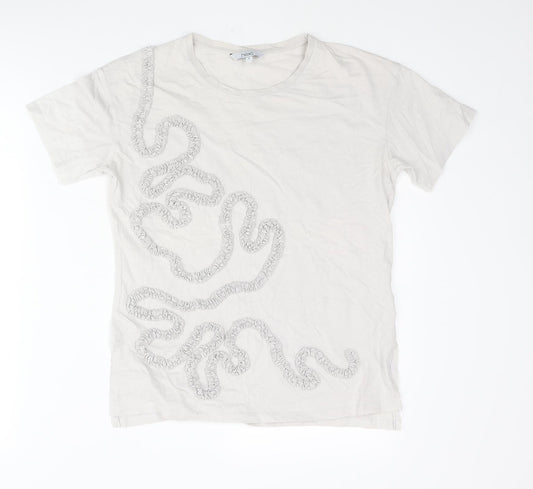 N EXT Womens Grey Cotton Basic T-Shirt Size 8 Round Neck - Ruffle Swirl Detail
