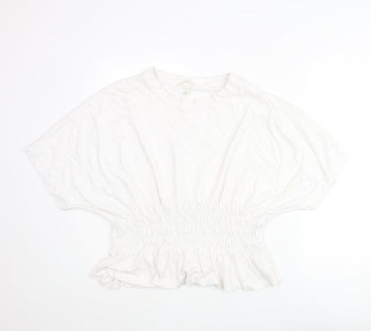 H&M Womens White Cotton Basic Blouse Size 2XL Round Neck - Rouched Peplum