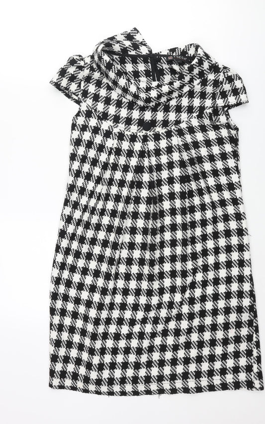 Tsega Womens Black Houndstooth Polyester Shift Size 10 Collared Button - Button Detail