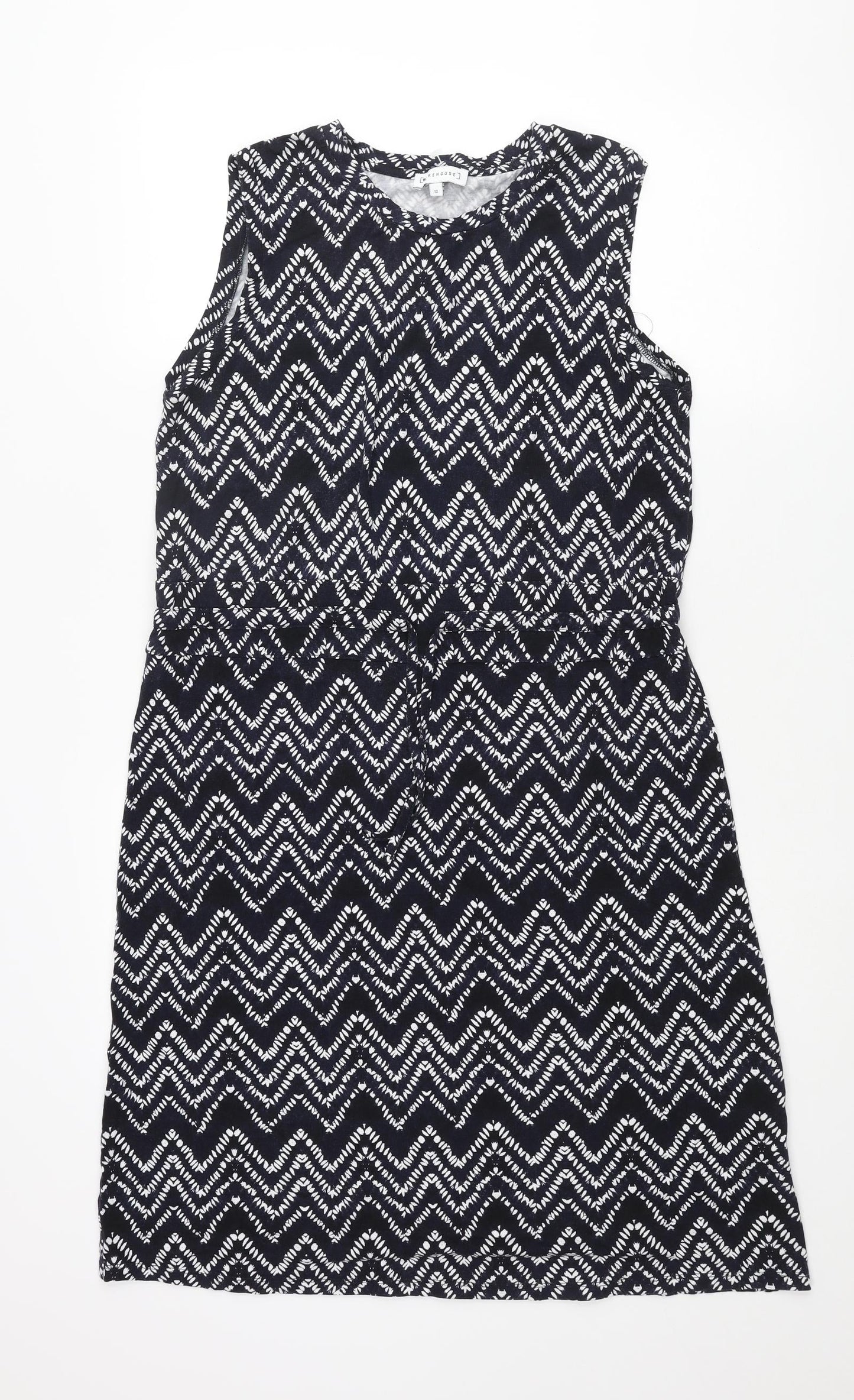 Warehouse Womens Blue Geometric Viscose Shift Size 12 Round Neck Pullover - Drawstring Waist
