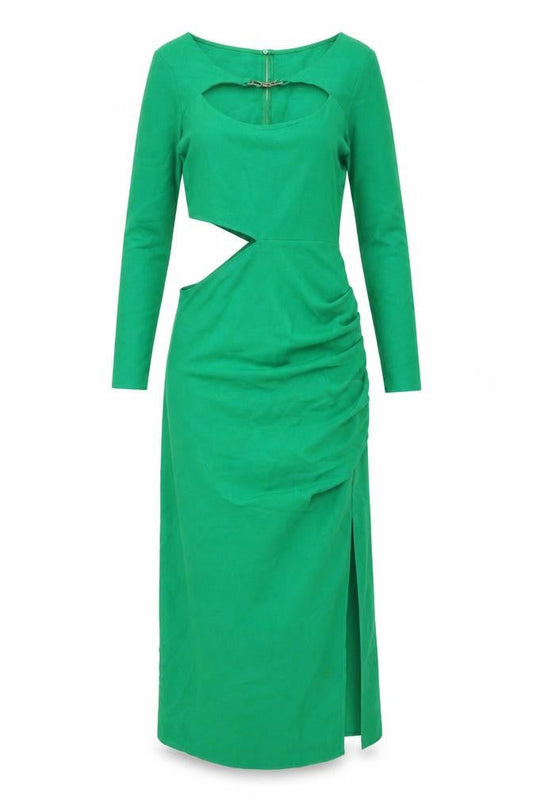 Zara Womens Green Polyester Maxi Size S Round Neck Zip - Rouched Cut Out Buckle Detail