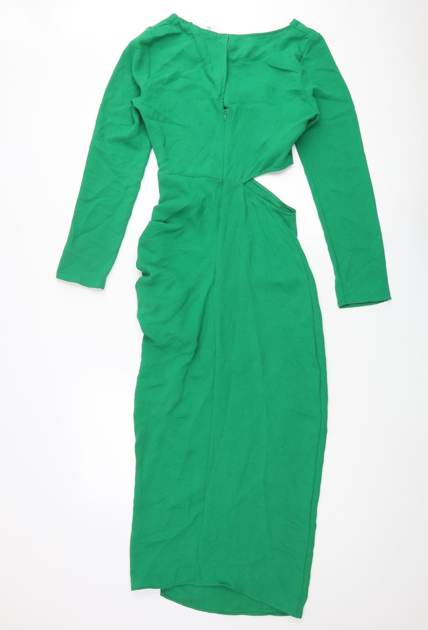 Zara Womens Green Polyester Maxi Size S Round Neck Zip - Rouched Cut Out Buckle Detail