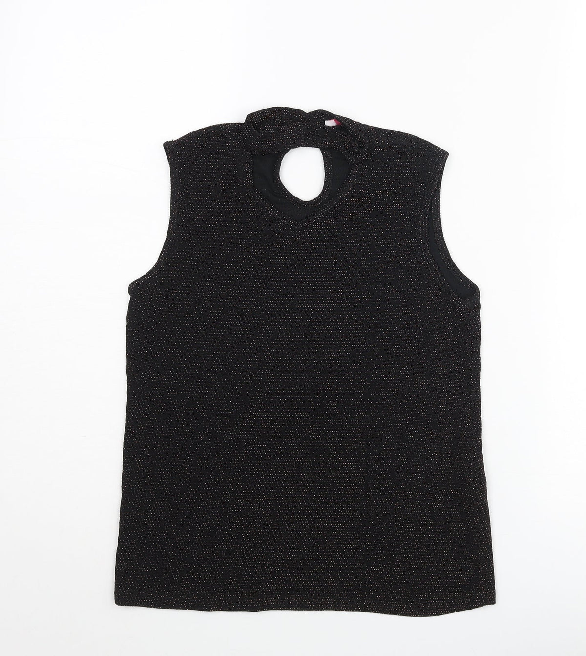 Additional front view of D'Lisle girls’ black nylon camisole blouse, size 12, years mock neck button - keyhole neck glitter