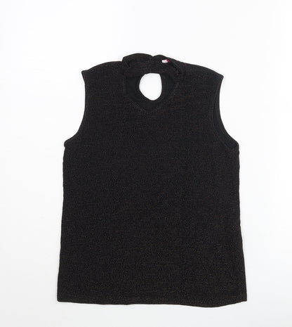 Additional front view of D'Lisle girls’ black nylon camisole blouse, size 12, years mock neck button - keyhole neck glitter