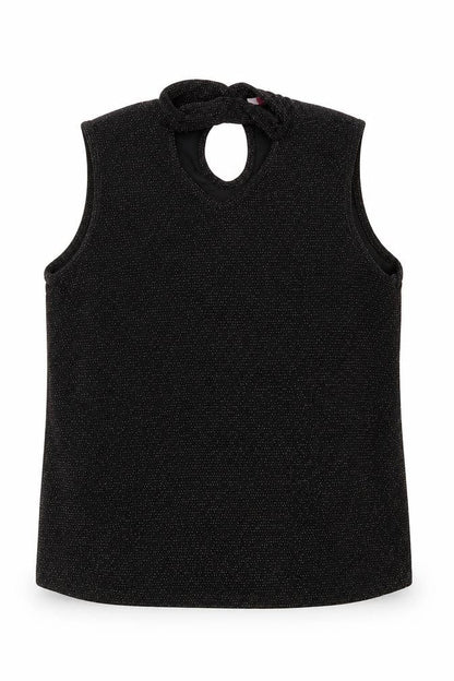 Front view of D'Lisle girls’ black nylon camisole blouse, size 12, years mock neck button - keyhole neck glitter