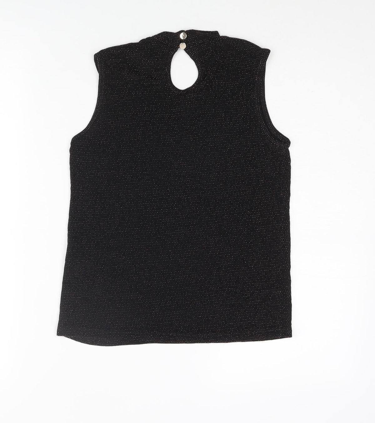 Back view of D'Lisle girls’ black nylon camisole blouse, size 12, years mock neck button - keyhole neck glitter