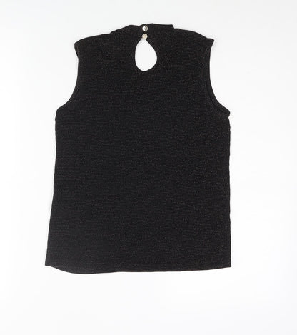 Back view of D'Lisle girls’ black nylon camisole blouse, size 12, years mock neck button - keyhole neck glitter