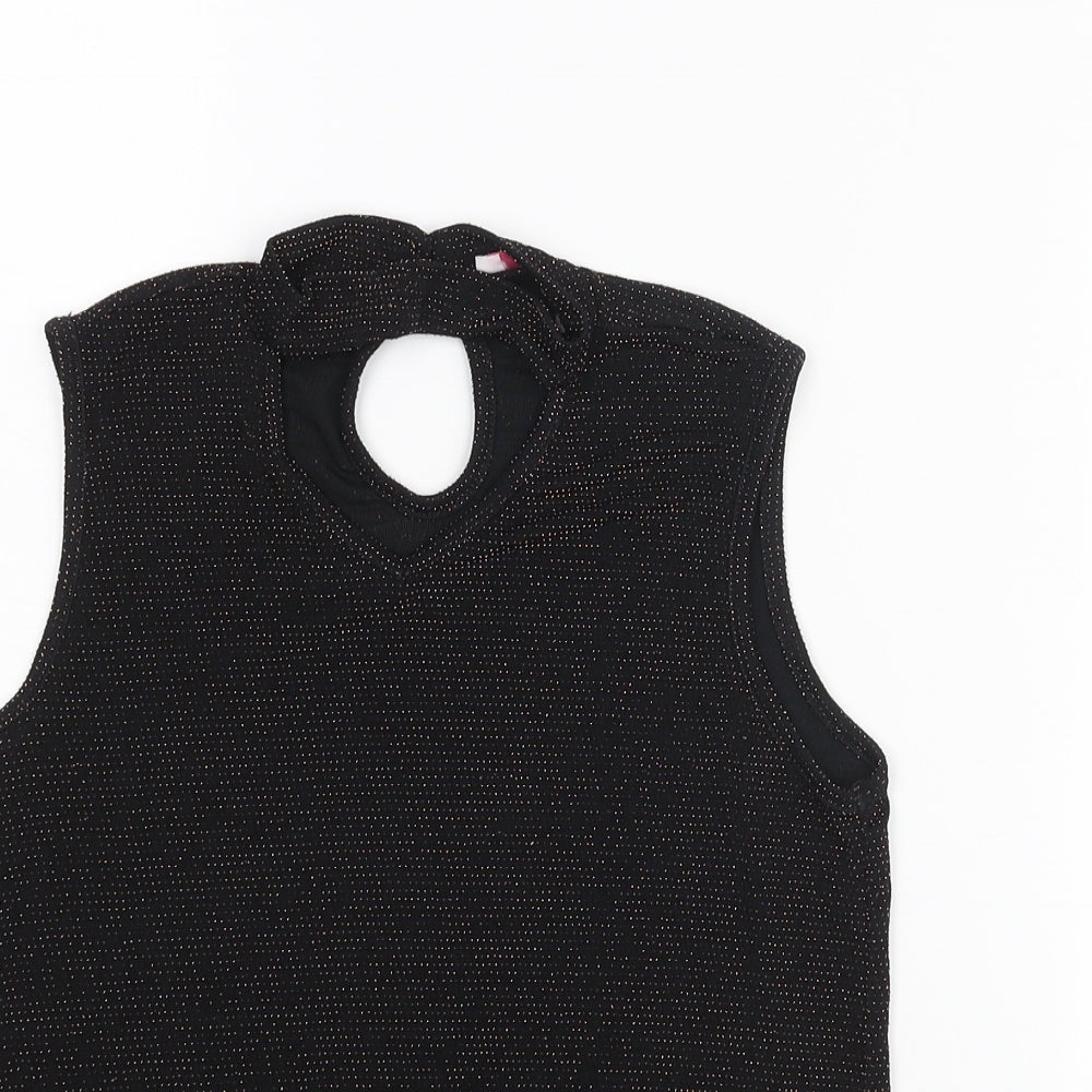 Close-up detail of D'Lisle girls’ black nylon camisole blouse, size 12, years mock neck button - keyhole neck glitter