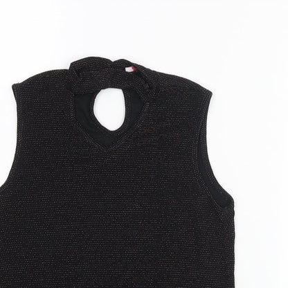 Close-up detail of D'Lisle girls’ black nylon camisole blouse, size 12, years mock neck button - keyhole neck glitter