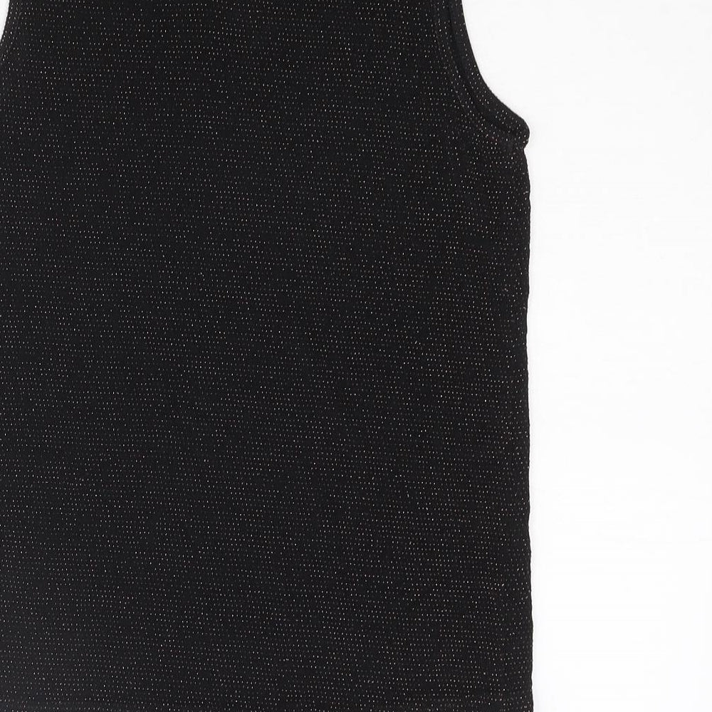 Brand and care label for D'Lisle girls’ black nylon camisole blouse, size 12, years mock neck button - keyhole neck glitter