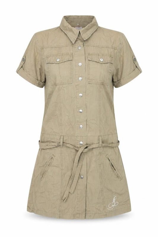 Aloha Womens Brown Cotton Shirt Dress Size 12 Collared Snap - Embroidered Logo Belted