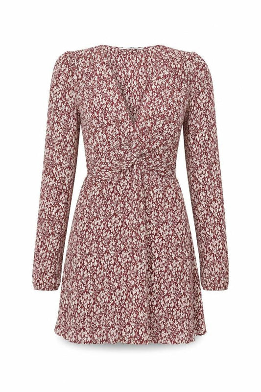 Mango Womens Red Floral Polyester A-Line Size S V-Neck Pullover - Knot Detail Plisse