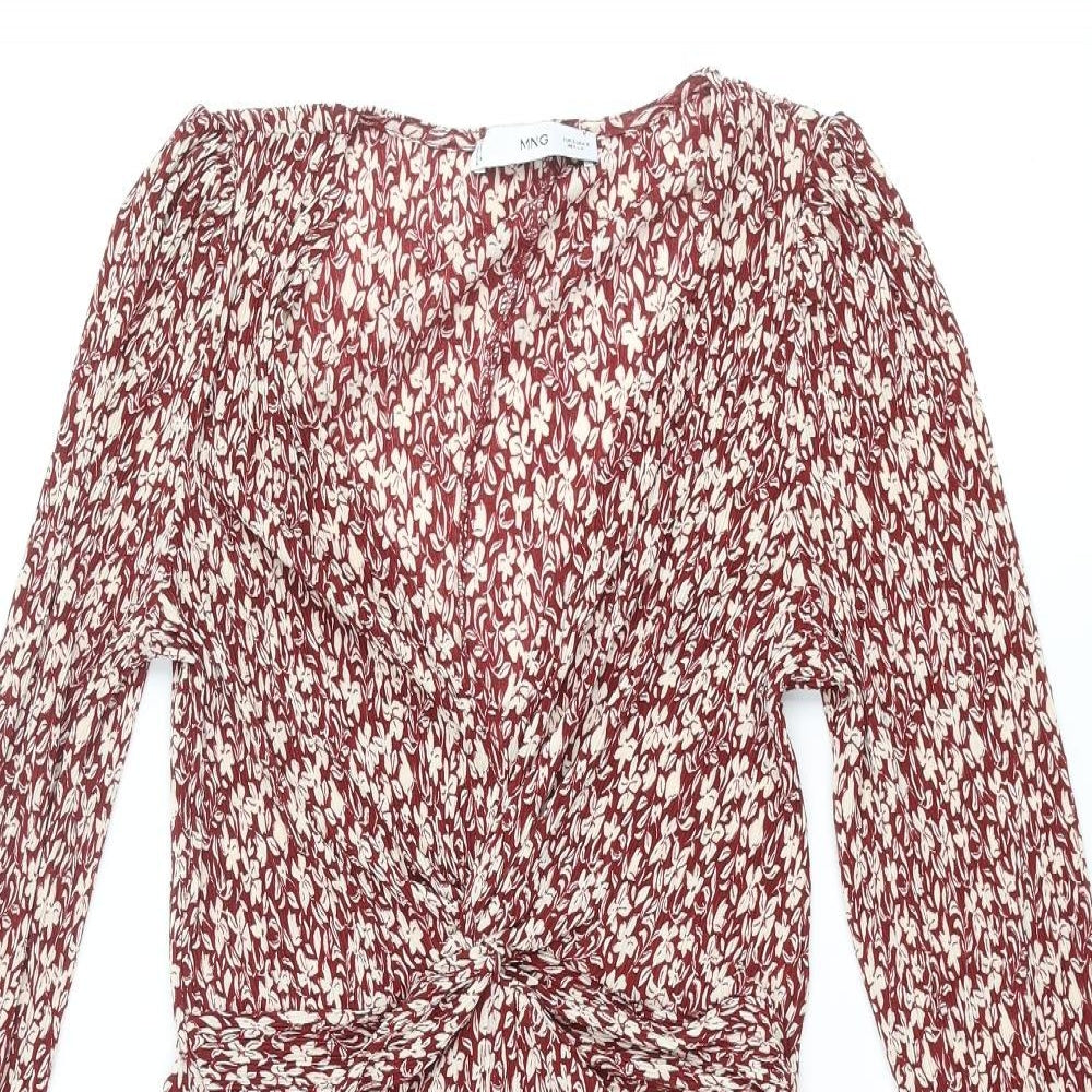 Mango Womens Red Floral Polyester A-Line Size S V-Neck Pullover - Knot Detail Plisse