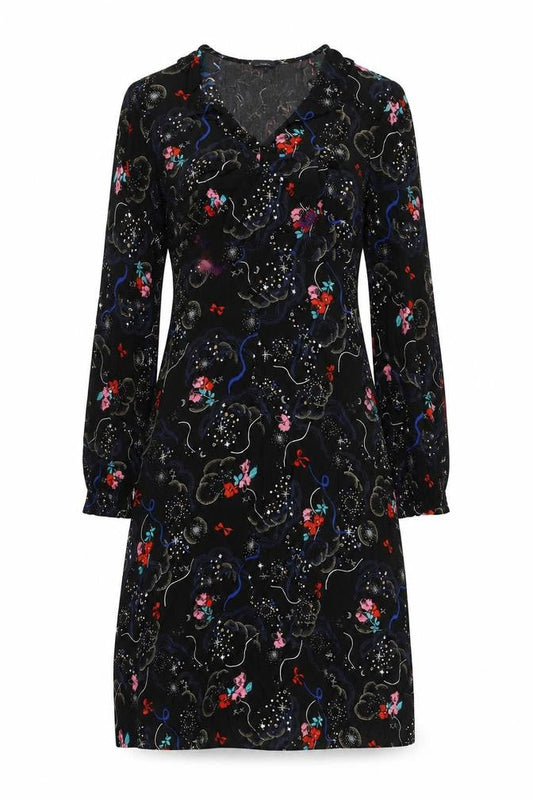 Marks & Spencer Womens Black Geometric Viscose A-Line Size 10 V-Neck Zip - Tie Detail