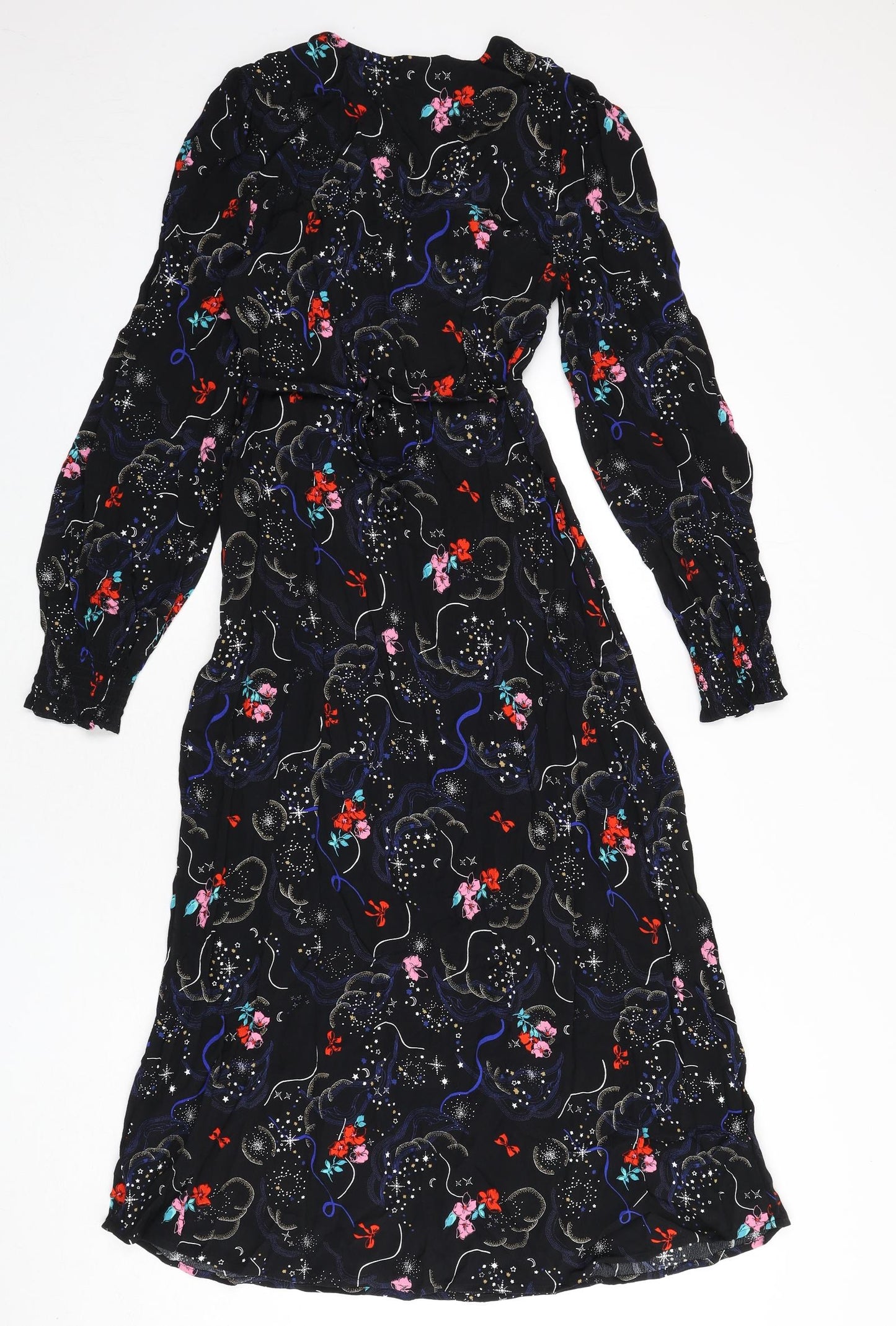 Marks and Spencer Womens Black Geometric Viscose A-Line Size 6 V-Neck Zip - Tie Detail