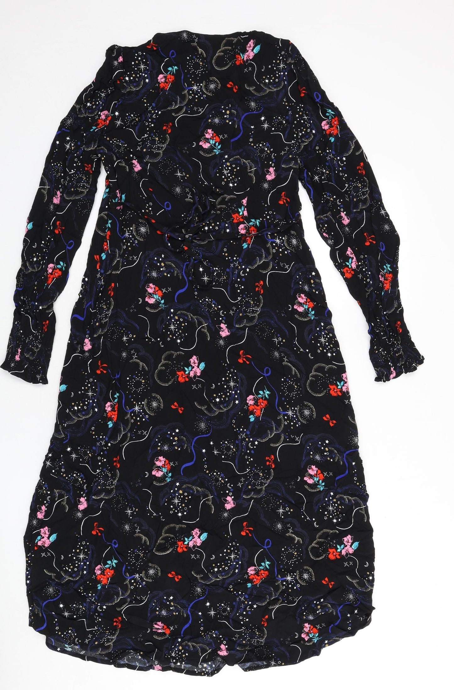 Marks and Spencer Womens Black Geometric Viscose A-Line Size 10 V-Neck Zip - Tie Detail
