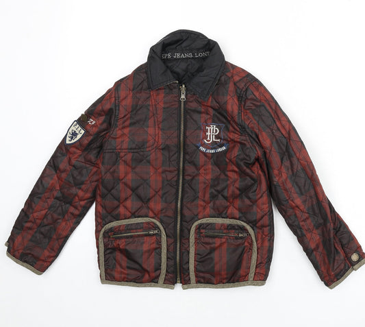 Pepe Jeans Boys Red Plaid Quilted Coat Size 6 Years Zip