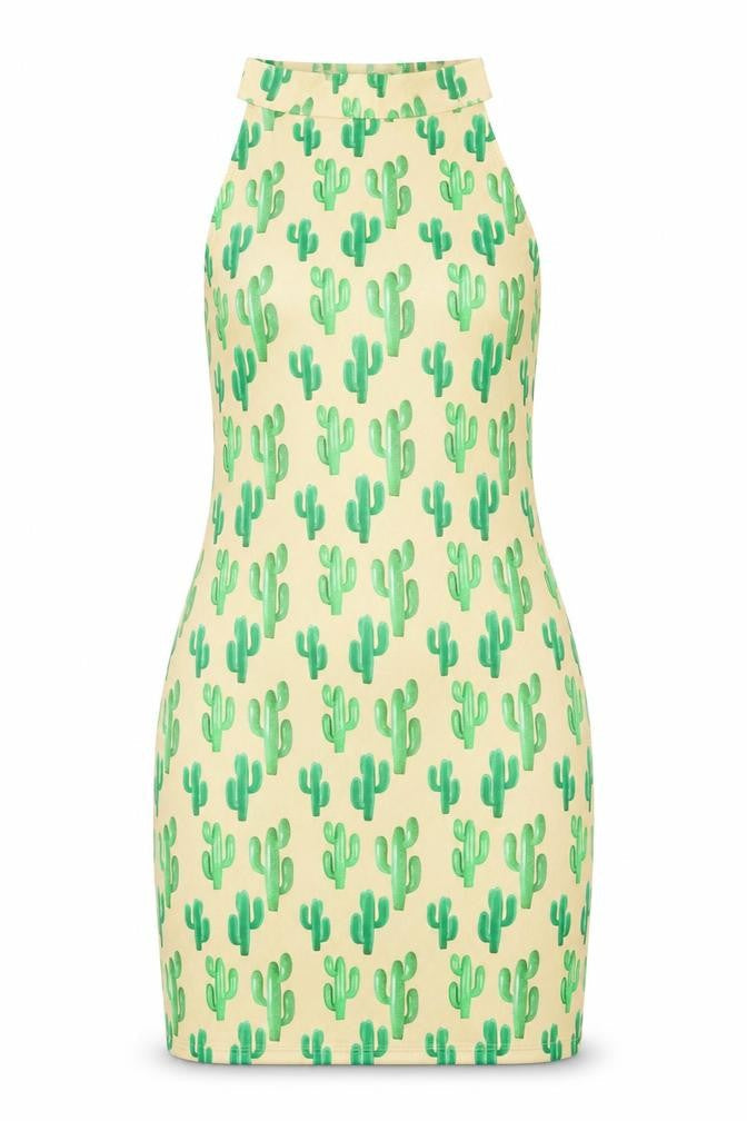 Boohoo Womens Beige Geometric Polyester Bodycon Size 12 Halter Button - Cactus Print
