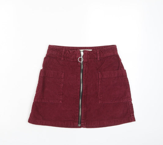 Topshop Womens Red Cotton A-Line Skirt Size 6 Zip - Pockets