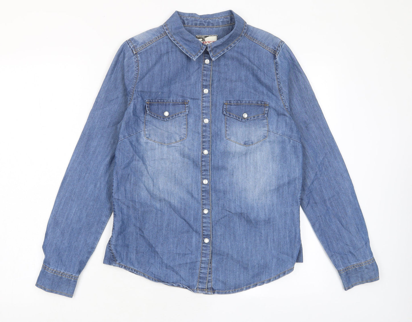 YesYes Womens Blue Cotton Basic Button-Up Size 8 Collared - Pockets