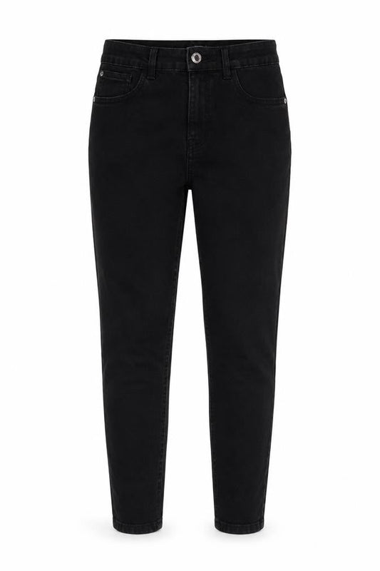 Front view of Denim & Co. women’s black cotton skinny jeans, size UK 12, 27-inch leg regular zip - pockets