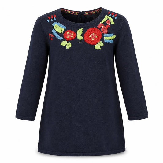 Indigo Girls Blue Round Neck Cotton Tunic Jumper Size 3-4 Years Button - Flowers