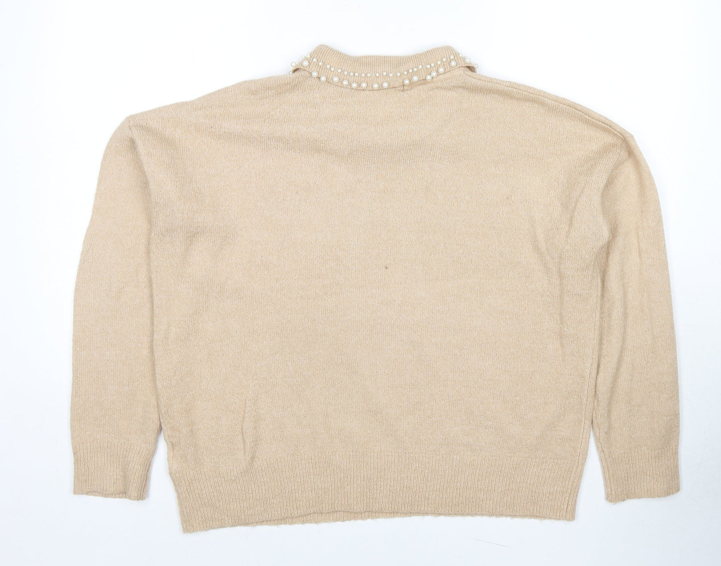 Brave Soul Womens Beige Collared Acetate Pullover Jumper Size L - Pearl Detail