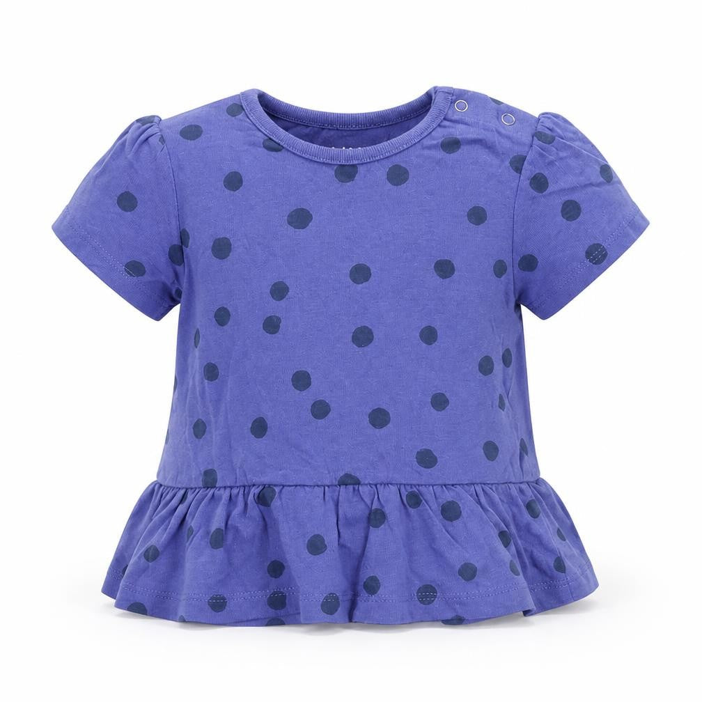 Marks & Spencer Girls Blue Polka Dot Cotton Basic T-Shirt Size 12-18 Months Round Neck Snap