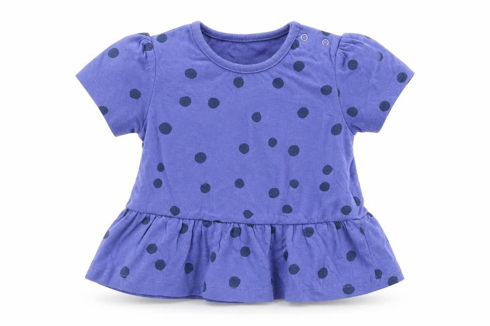 Marks & Spencer Girls Blue Polka Dot Cotton Basic T-Shirt Size 9-12 Months Round Neck Snap