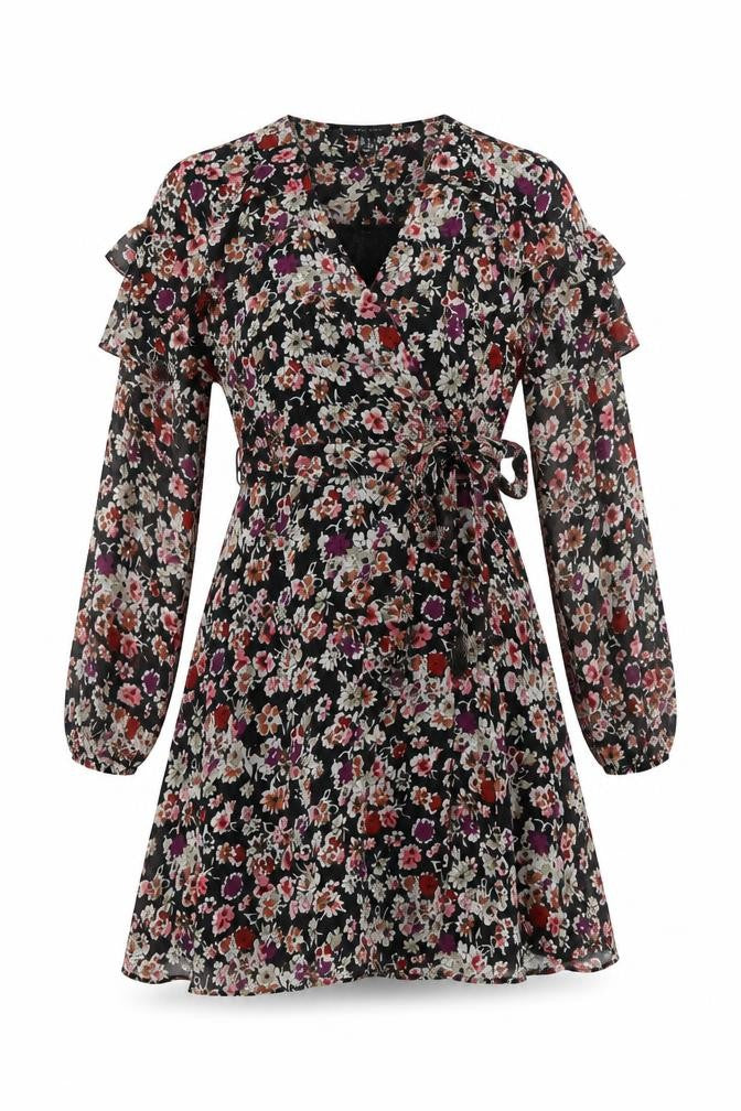 New Look Womens Black Floral Polyester Wrap Dress Size 6 V-Neck Tie
