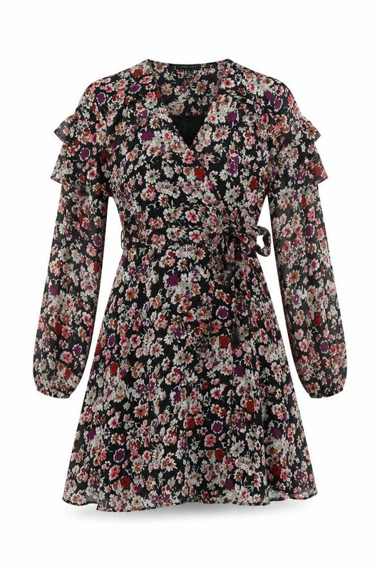 New Look Womens Black Floral Polyester Wrap Dress Size 6 V-Neck Tie