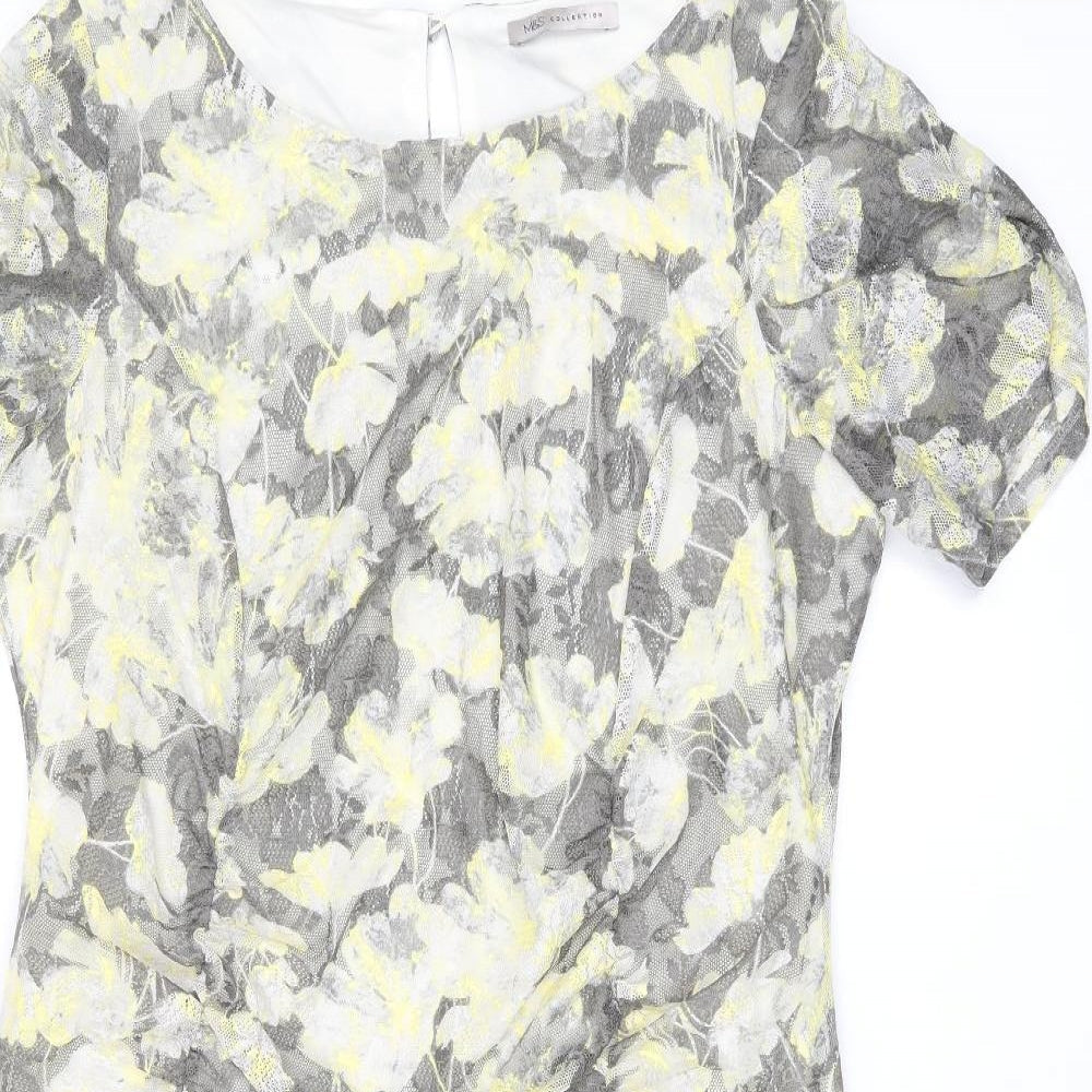Marks and Spencer Womens Grey Floral Polyester Bodycon Size 20 Boat Neck Button