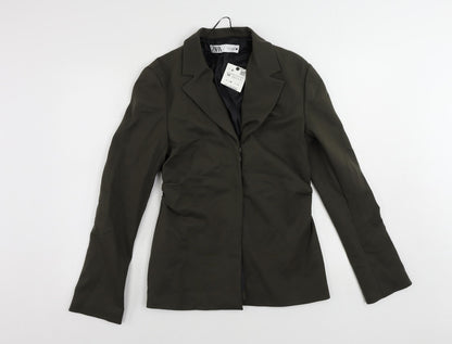 Zara Womens Green Jacket Blazer Size M Hook & Eye - Ruched Detail