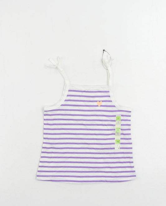 Marks and Spencer Girls Purple Striped Cotton Camisole Tank Size 3-4 Years Square Neck