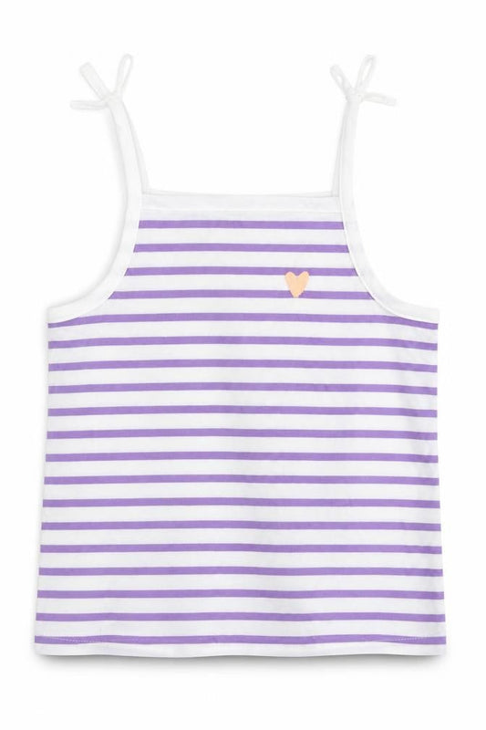 Front view of Marks & Spencer girls’ purple striped cotton camisole tank, size 3-4, years square neck