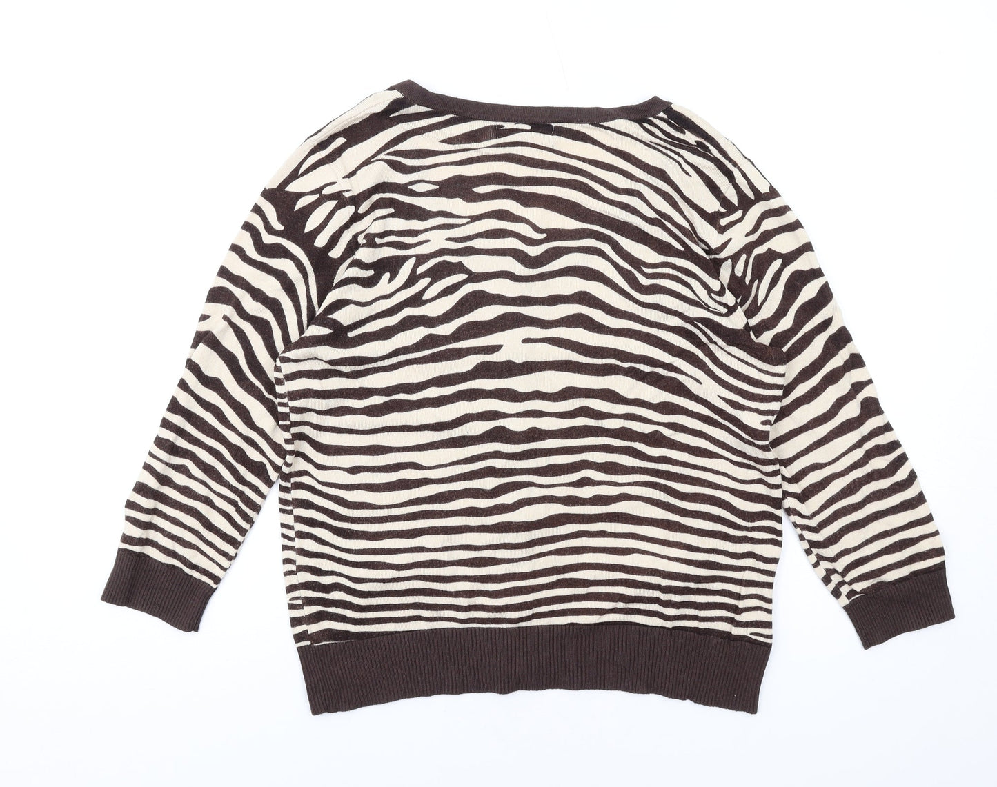 Be Beau Womens Brown Scoop Neck Animal Print Viscose Cardigan Jumper Size 14 - Zebra Print