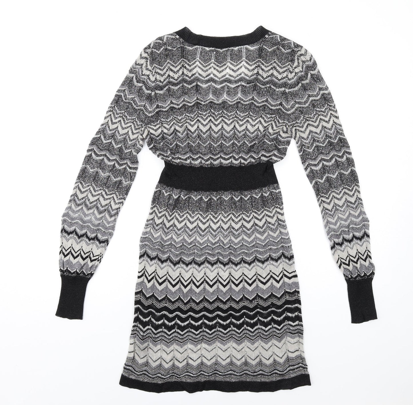 Julien Macdonald Womens Black Chevron Viscose A-Line Size 10 Square Neck Pullover