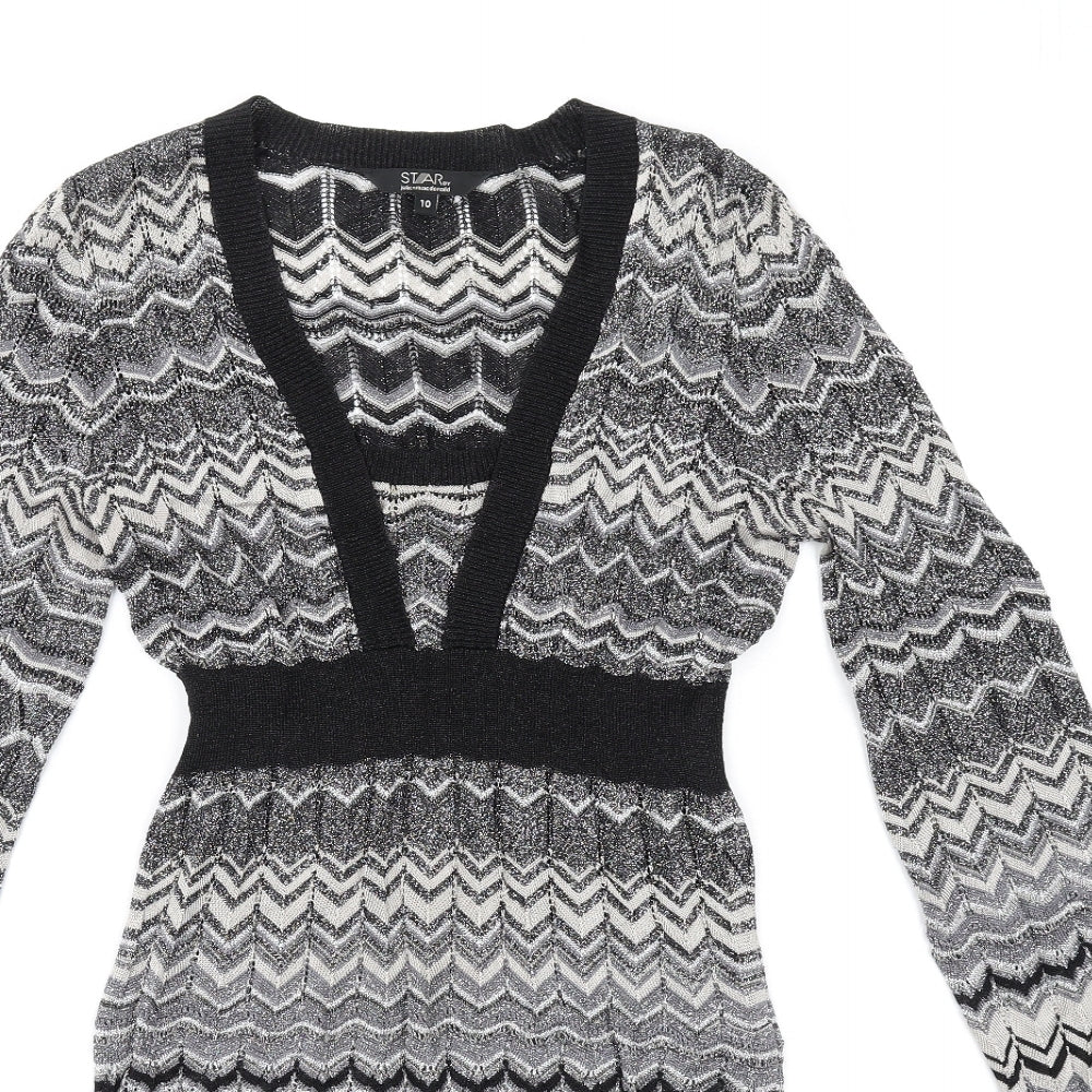 Julien Macdonald Womens Black Chevron Viscose A-Line Size 10 Square Neck Pullover