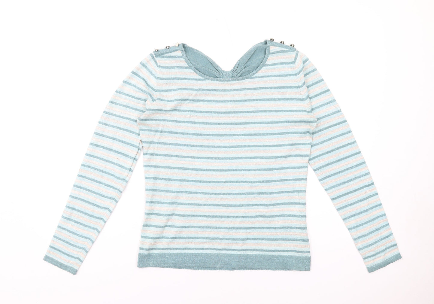 Yumi Womens Blue Round Neck Striped Cotton Pullover Jumper Size 14