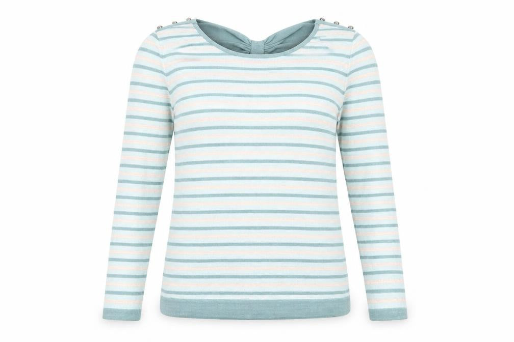 Yumi Womens Blue Round Neck Striped Cotton Pullover Jumper Size 14