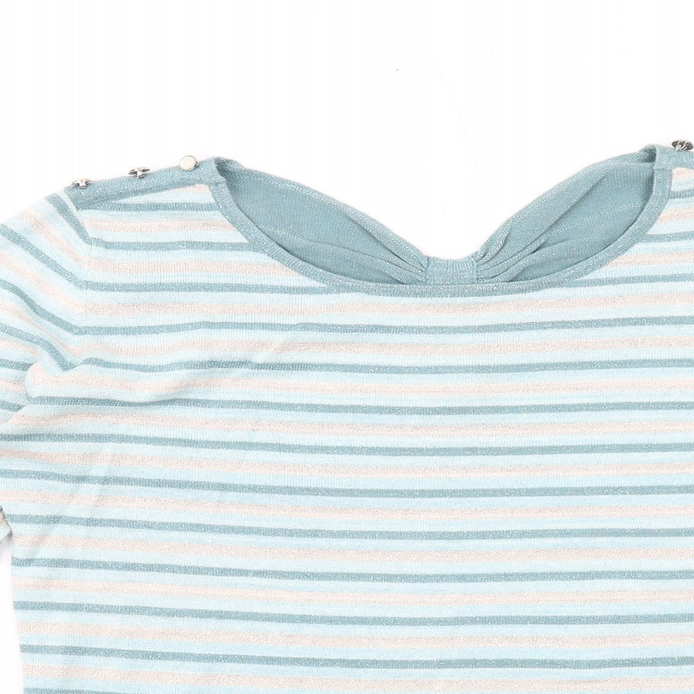 Yumi Womens Blue Round Neck Striped Cotton Pullover Jumper Size 14