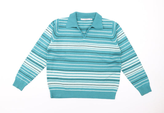 EWM Womens Blue Collared Striped Acrylic Pullover Jumper Size 14