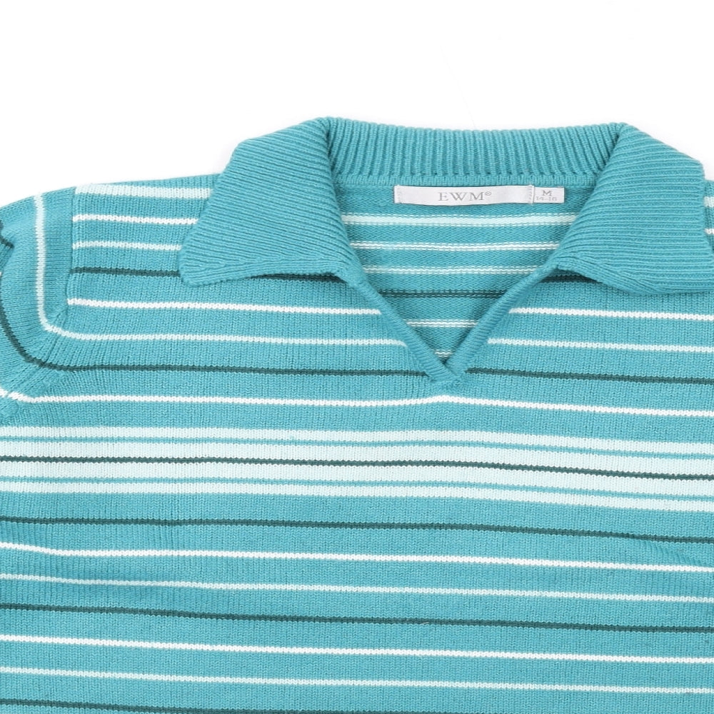 EWM Womens Blue Collared Striped Acrylic Pullover Jumper Size 14