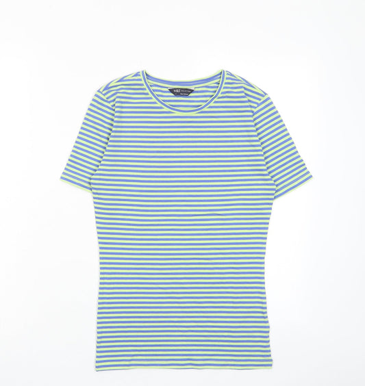 Marks and Spencer Womens Green Striped Cotton Basic T-Shirt Size 6 Collared