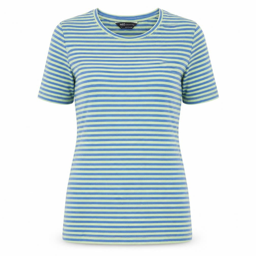 Marks & Spencer Womens Green Striped Cotton Basic T-Shirt Size 6 Collared