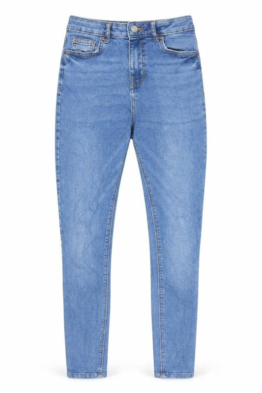 Front view of Denim & Co. women’s blue cotton skinny jeans, size UK 8, 29-inch leg regular zip - pockets