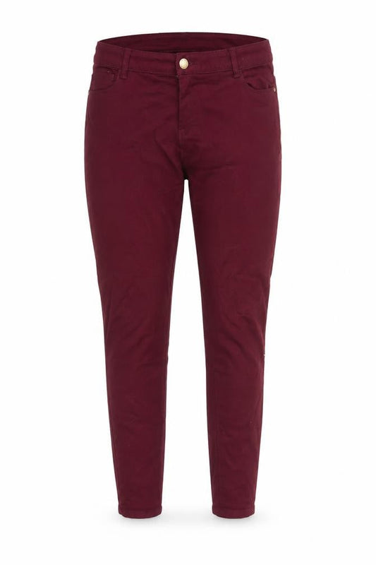 Front view of Denim & Co. women’s red cotton skinny jeans, size UK 14, 29-inch leg regular zip