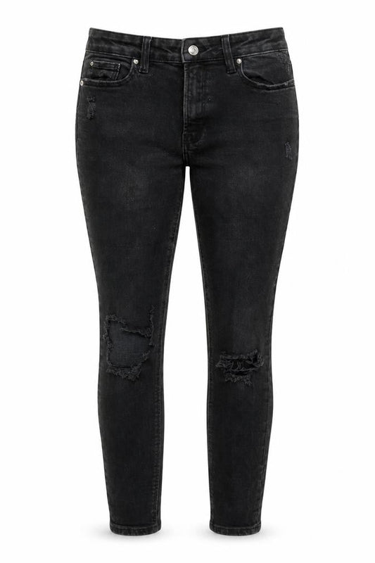 Front view of Denim & Co. women’s black cotton skinny jeans, size UK 12, 27-inch leg regular zip - pockets